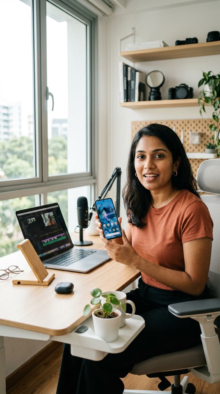 Creator reviewing tech gadgets on camera